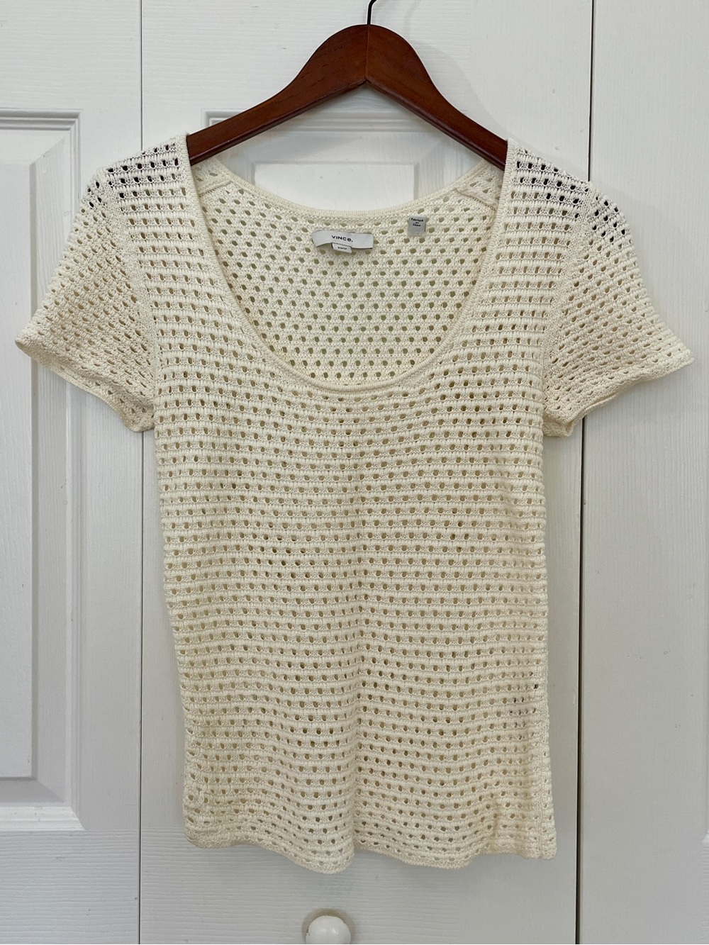 Vince Knit Woven Scoop Neck Short Sleeve Top